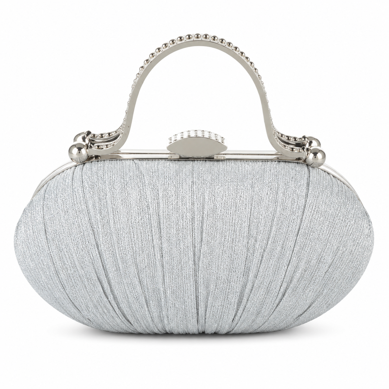 Silver Pleated Evening Clutch Bag with Decorative Metal Handle-1