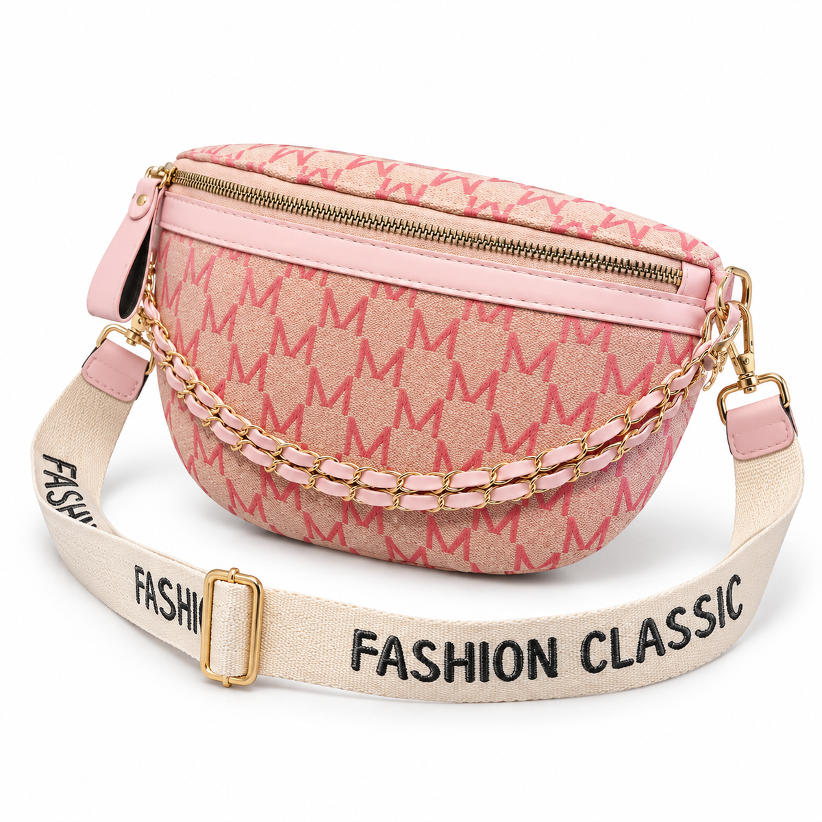 Pink Monogram Crossbody Bag With Chains-3