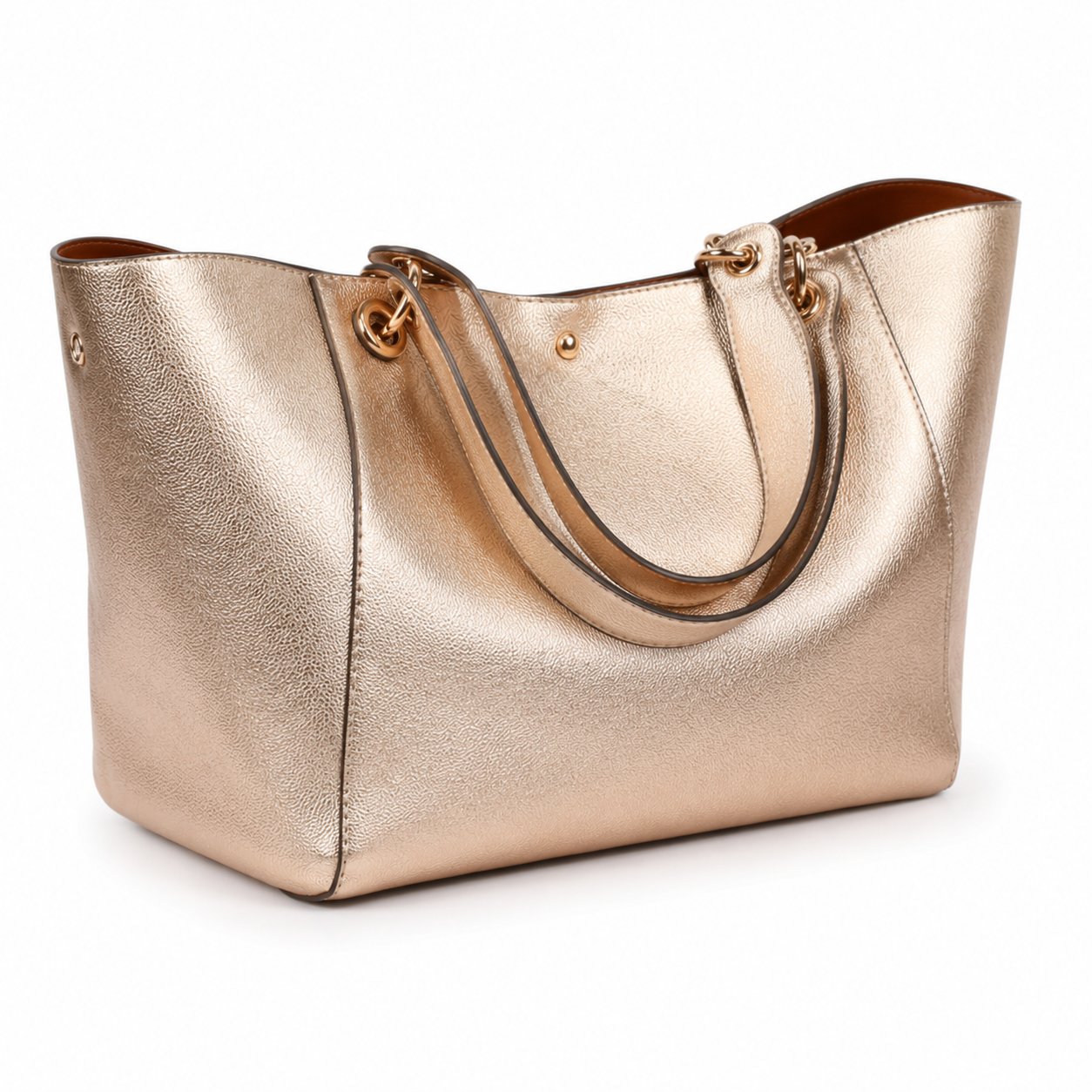 Metallic Champagne Gold Structured Tote Handbag with Double Handles-2