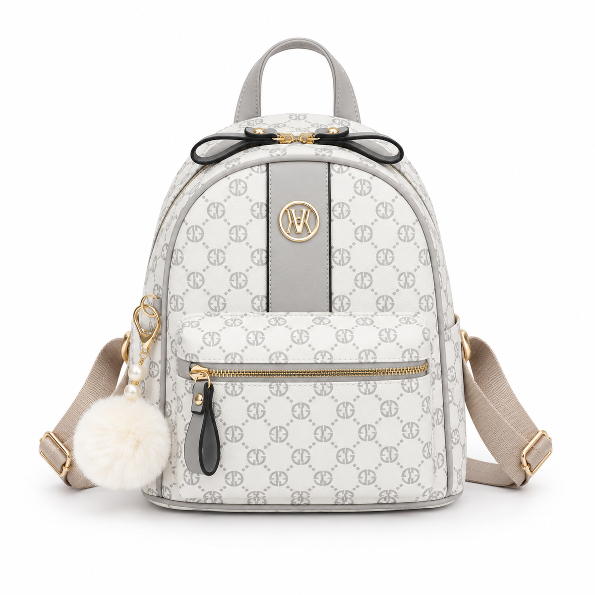 Elegant White Monogram Backpack With PomPom-4