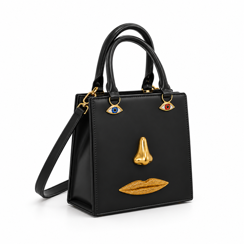 Black Artistic Face Detail Structured Handbag-1
