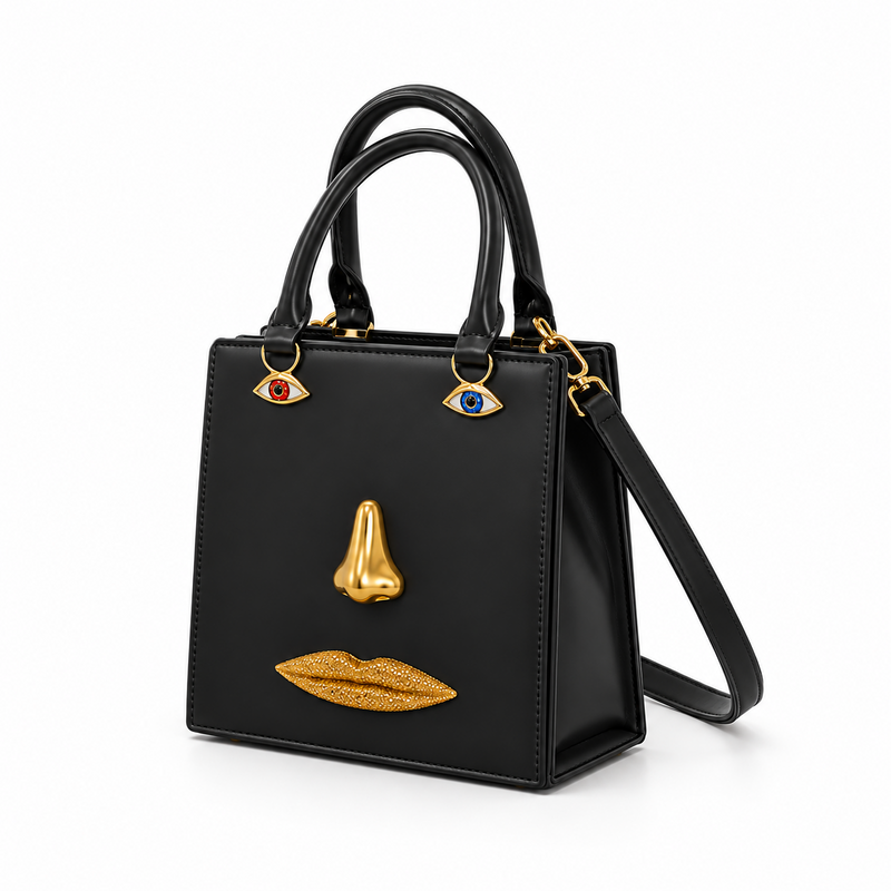 Black Artistic Face Detail Structured Handbag-4