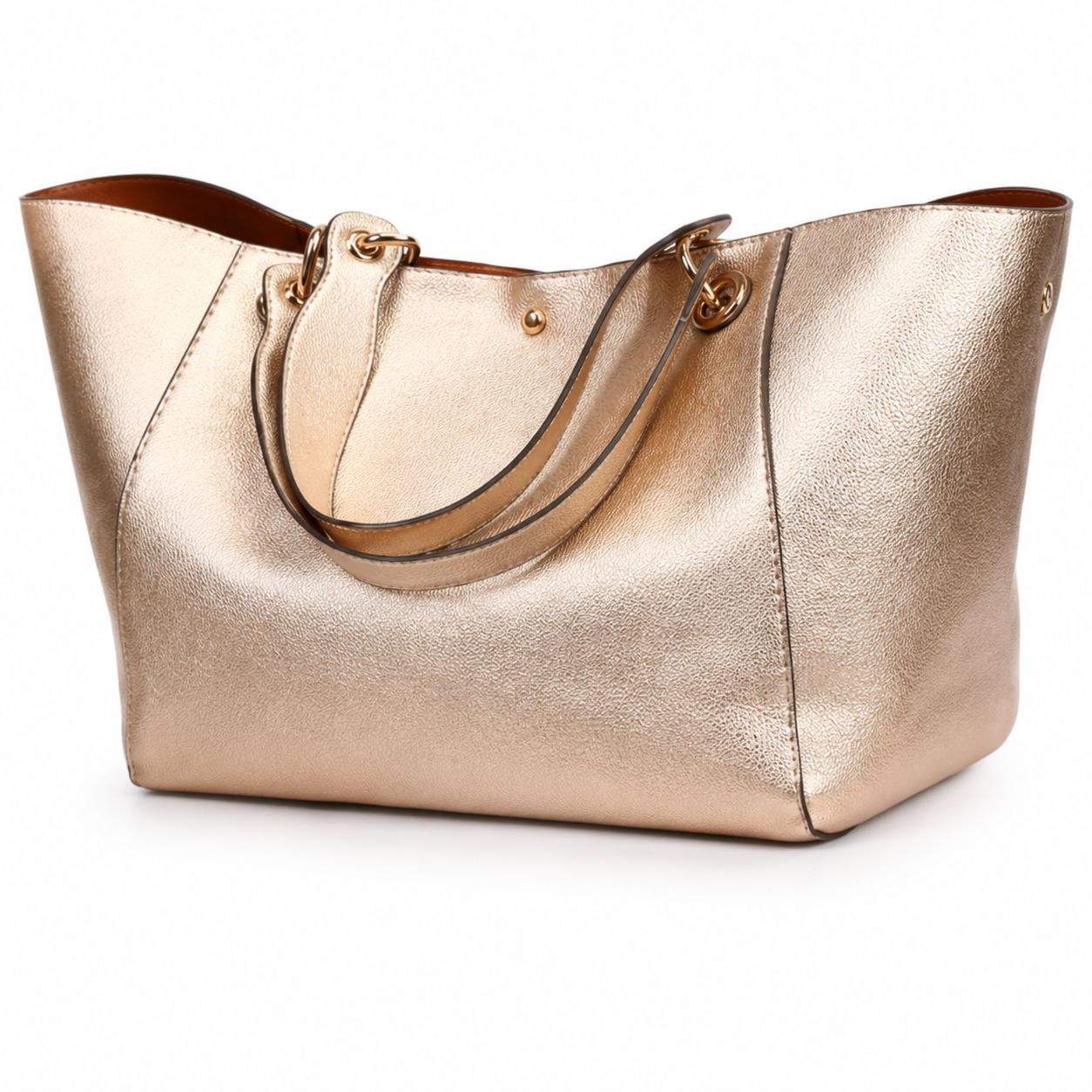 Metallic Champagne Gold Structured Tote Handbag with Double Handles-4