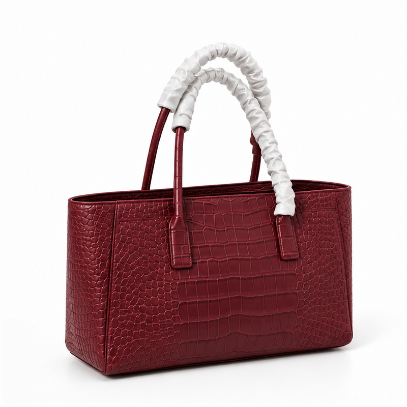 Burgundy Croc Textured Structured Tote Handbag-1