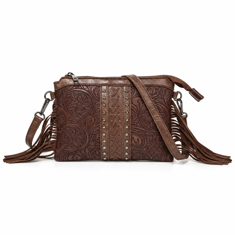Coffee Brown Embossed Fringe Vintage Crossbody Bag-4