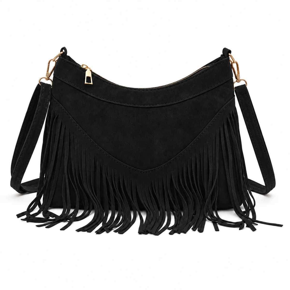 Vintage Black Fringe Buckle Detail Shoulder Bag-2
