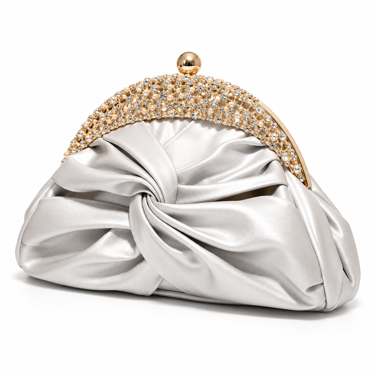 Silver Satin Knot Embellished Evening Clutch-2