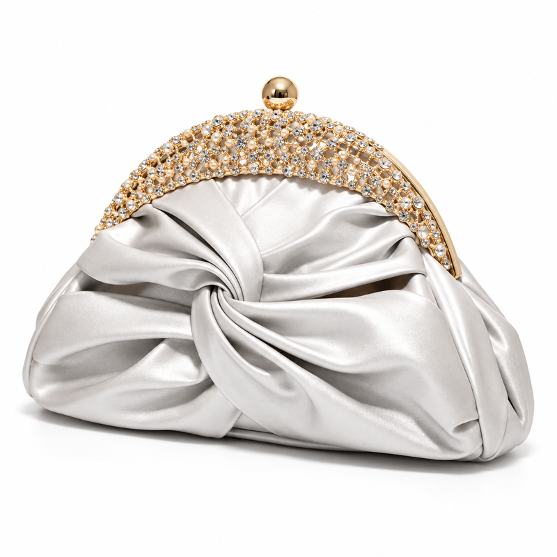Silver Satin Knot Embellished Evening Clutch-2