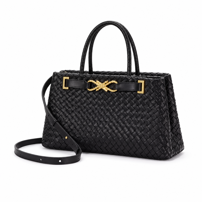 Elegant Black Woven Gold Accent Handbag-3