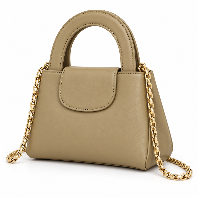 Khaki Vegan Leather Chain Handle Handbag-3