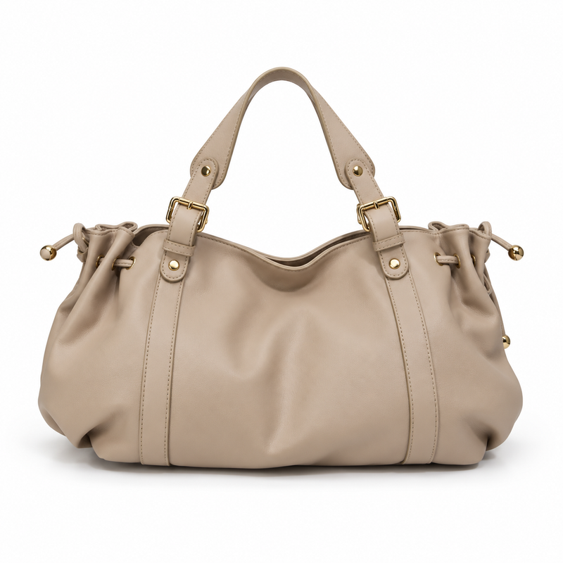 Elegant Taupe Slouchy Drawstring Tote Handbag-2