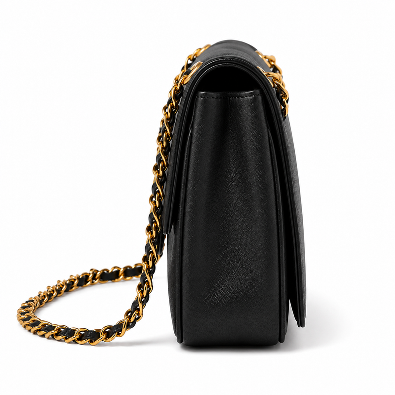 Black Textured Chain Strap Shoulder Bag with Gold Hardware-4