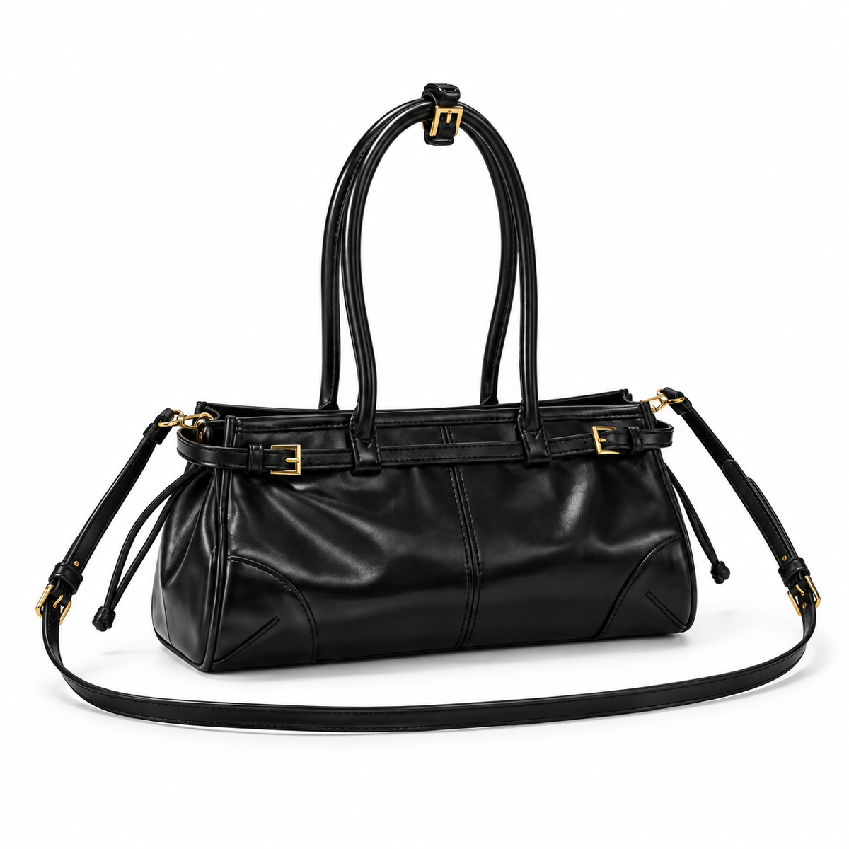 Glossy Black Structured Shoulder Handbag Purse-1