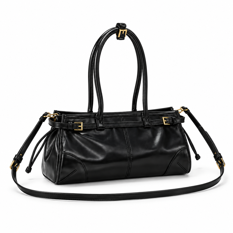 Glossy Black Structured Shoulder Handbag Purse-1