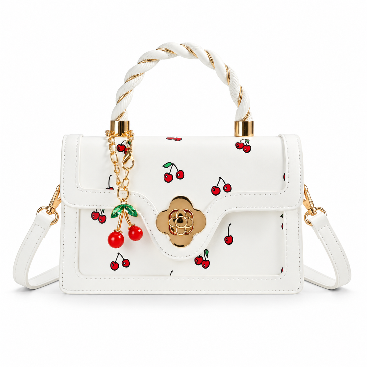 White Cherry Print Twisted Handle Crossbody-2