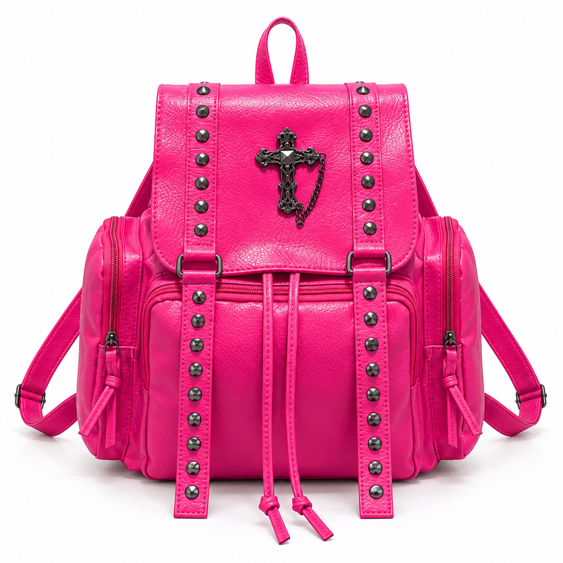Hot Pink Studded Gothic Cross Backpack-4