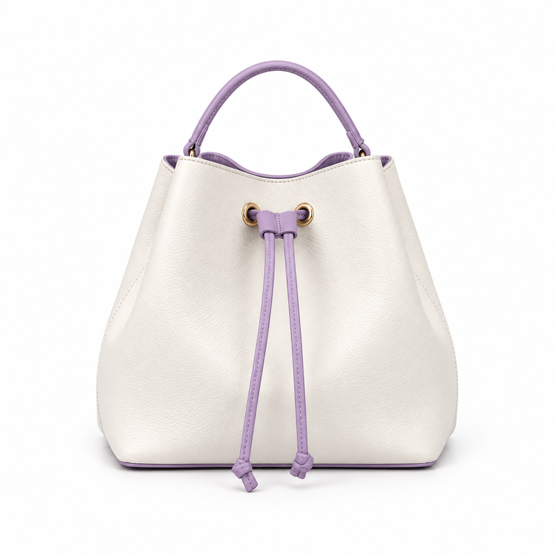 White Purple Drawstring Bucket Handbag Set-2