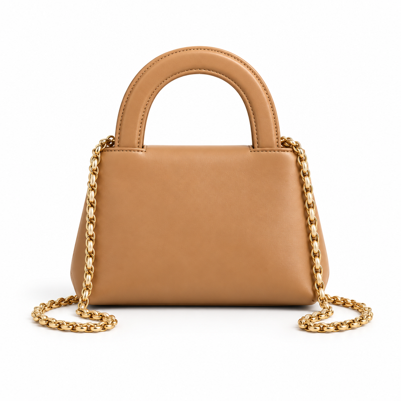 Camel Vegan Leather Chain Handle Handbag-3