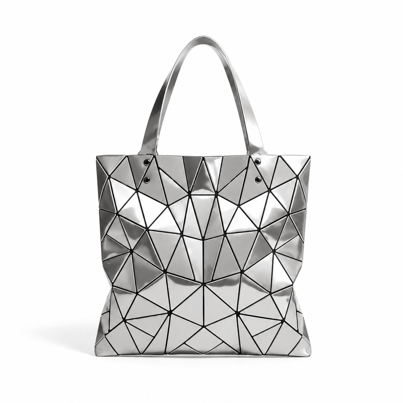 Silver Geometric Mosaic Shoulder Tote Bag-3