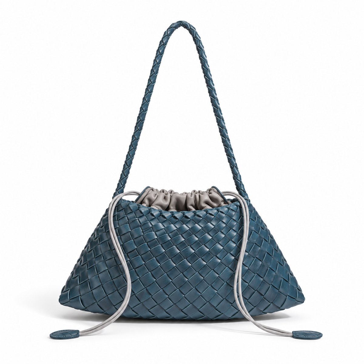Teal Woven Drawstring Braided Shoulder Bag-2