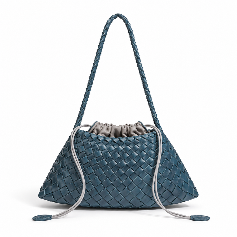 Teal Woven Drawstring Braided Shoulder Bag-2