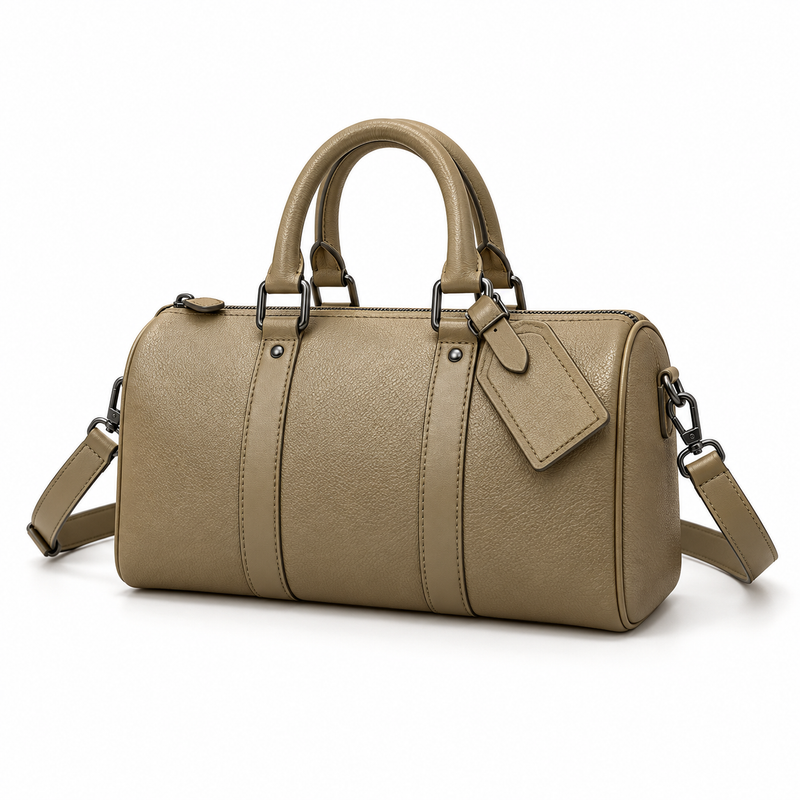 Khaki Textured Boston Bag With Strap-3