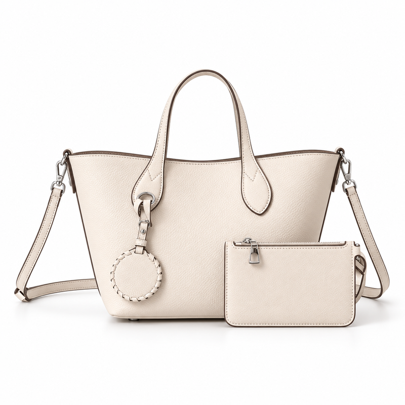 Ivory Textured Tote Bag With Pouch-4