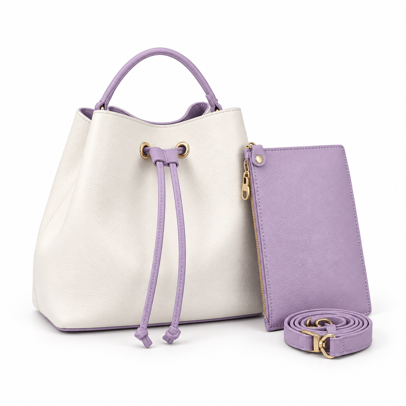 White Purple Drawstring Bucket Handbag Set-4