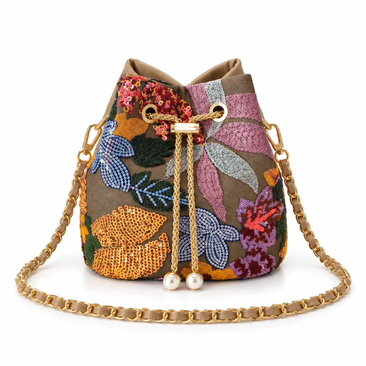 Floral Embroidered Sequin Chain Bucket Bag-3