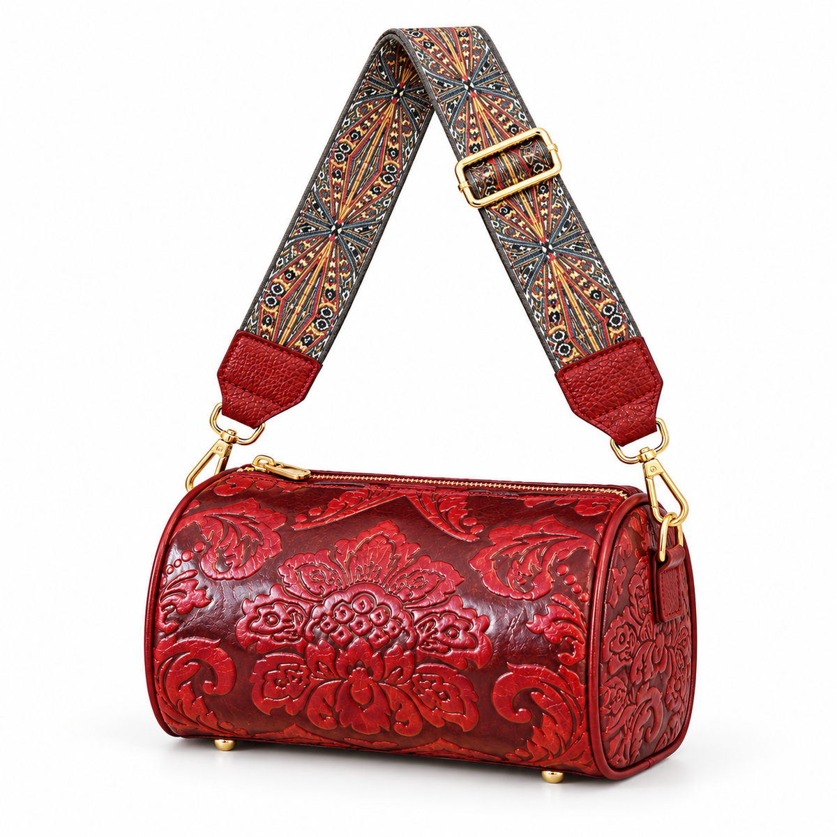 Burgundy Floral Embossed Vintage Crossbody Bag-3