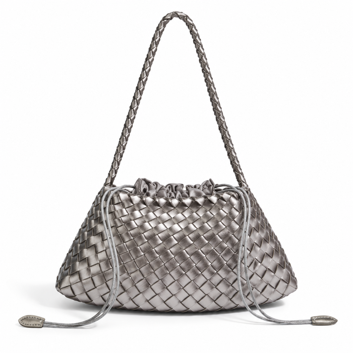 Metallic Silver Woven Drawstring Shoulder Bag-2