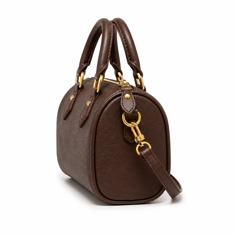 Chocolate Brown Textured Barrel Handbag-3