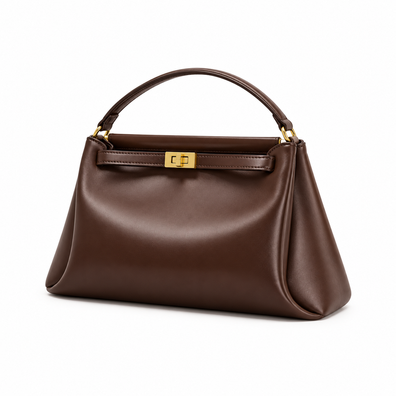 Chocolate Brown Satchel With Gold Clasp-4
