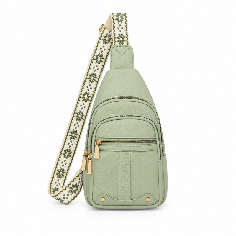 Sage Green Patterned Strap Sling Bag-4