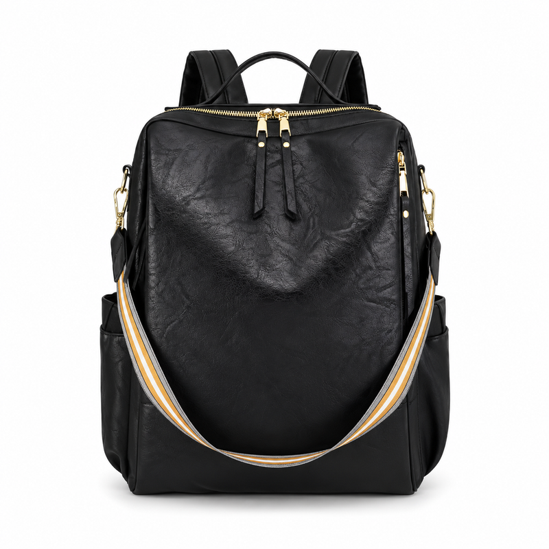 Black Textured Backpack With Striped Strap-4