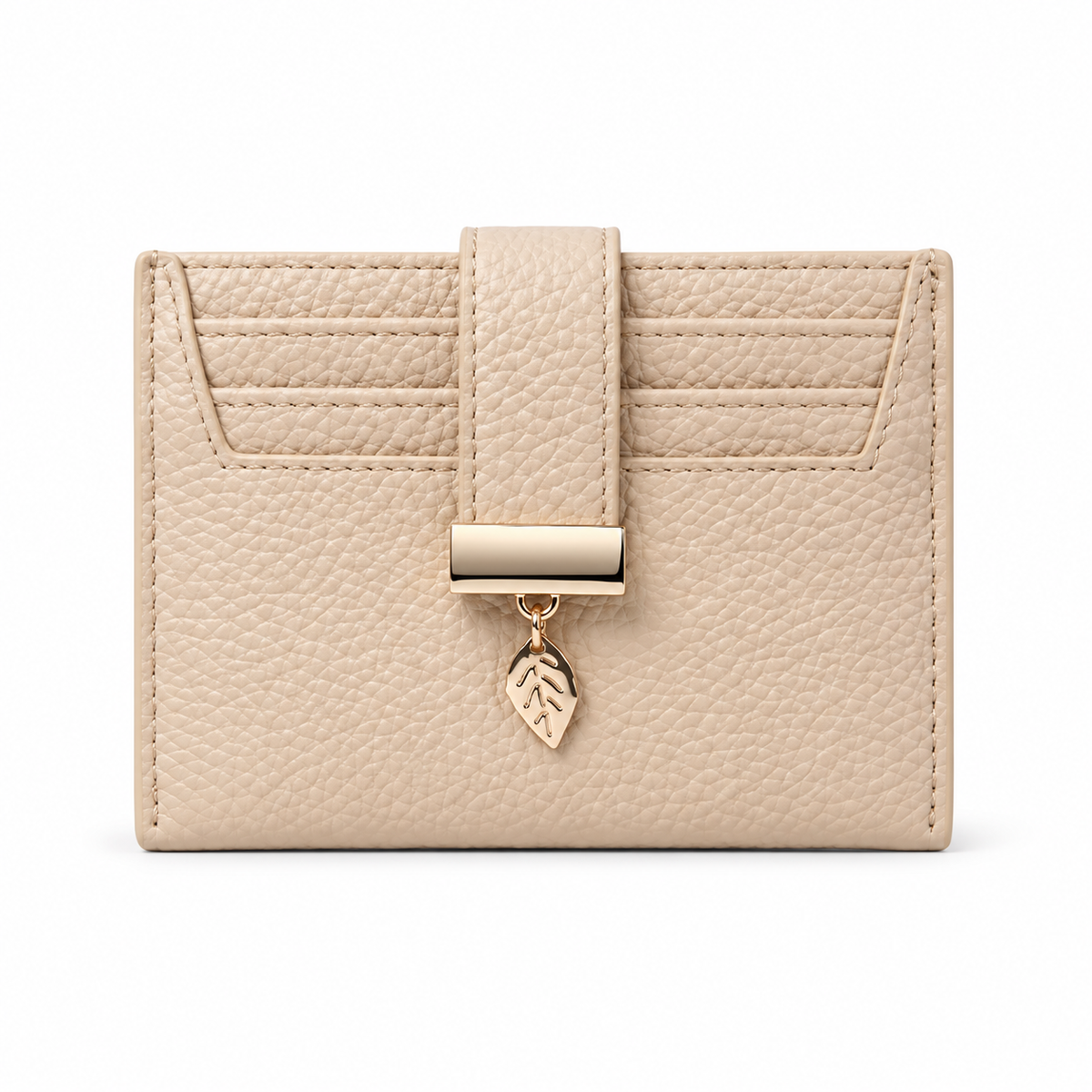Beige Pebbled Wallet With Leaf Charm-4