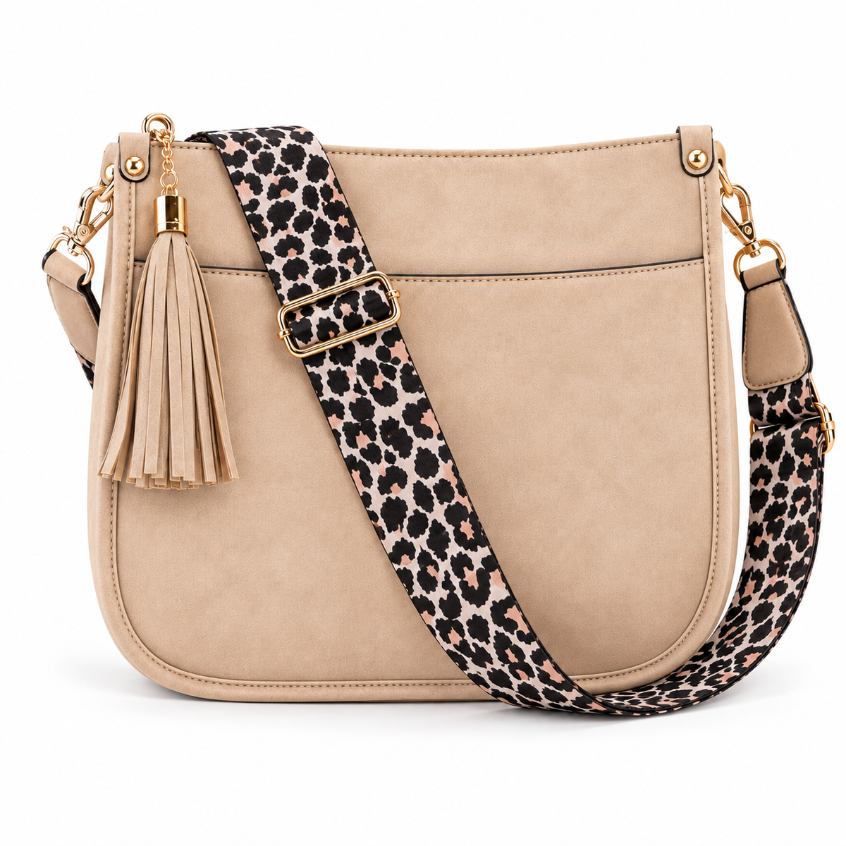 Beige Vegan Crossbody Bag Leopard Strap-4