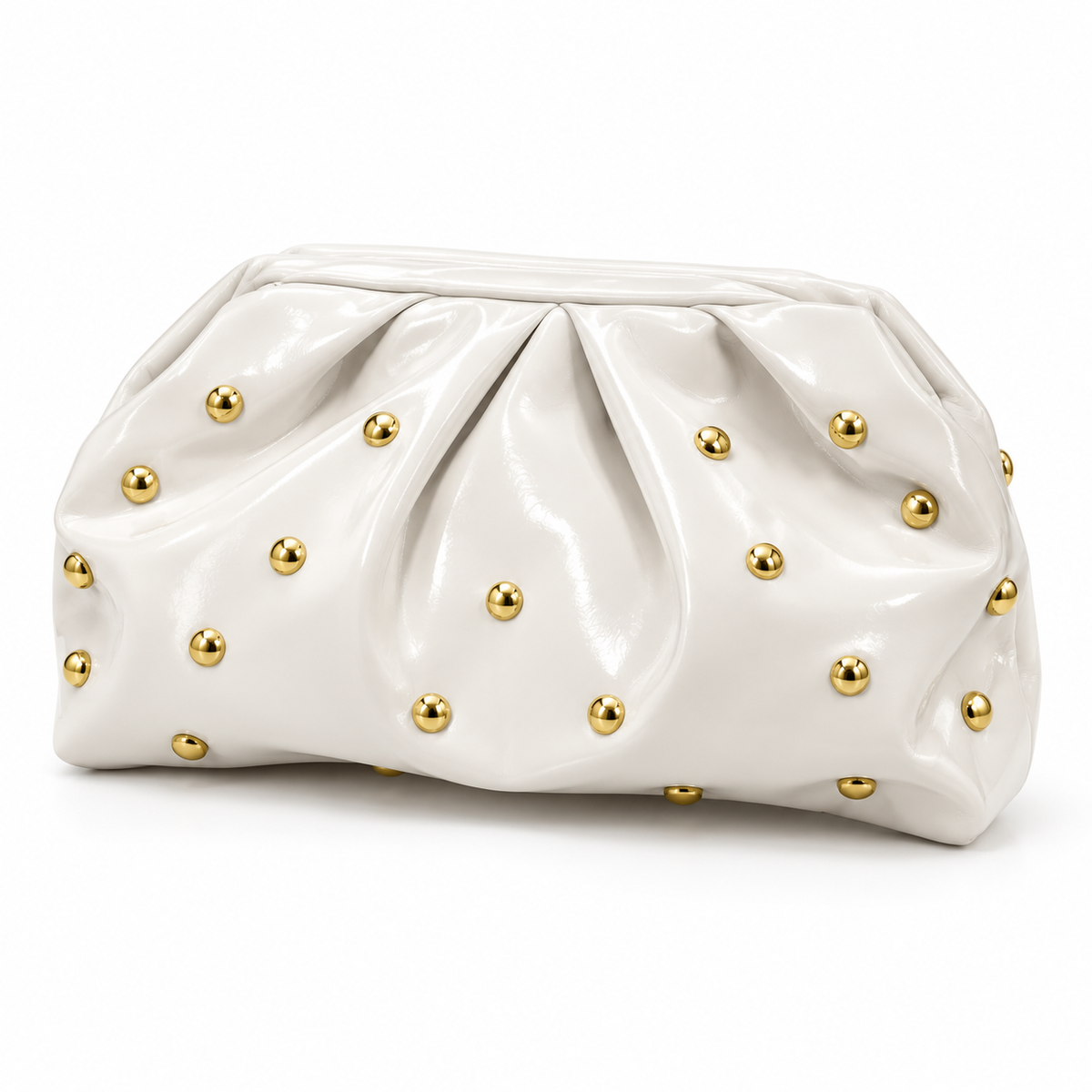 White Leather Clutch With Golden Studs-3