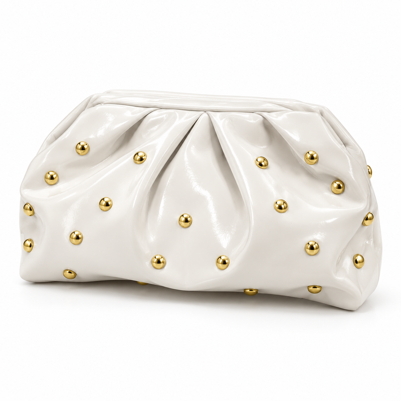 White Leather Clutch With Golden Studs-3
