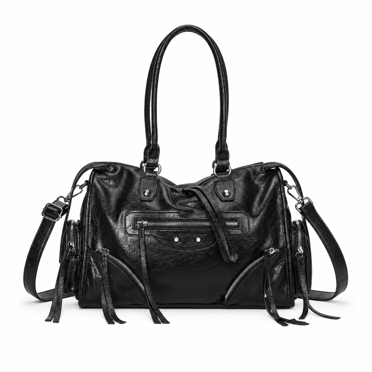 Vintage Black Leather Multi-Pocket Shoulder Handbag-4