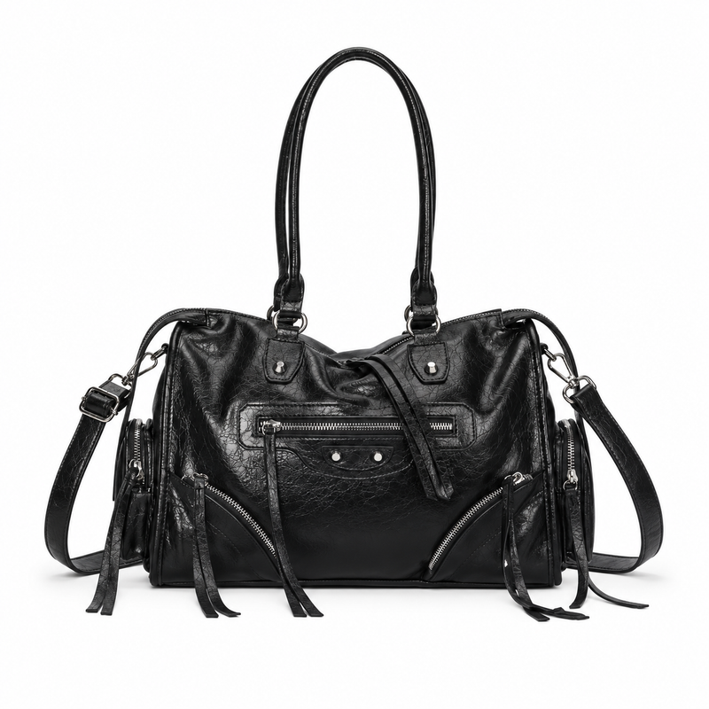Vintage Black Leather Multi-Pocket Shoulder Handbag-4