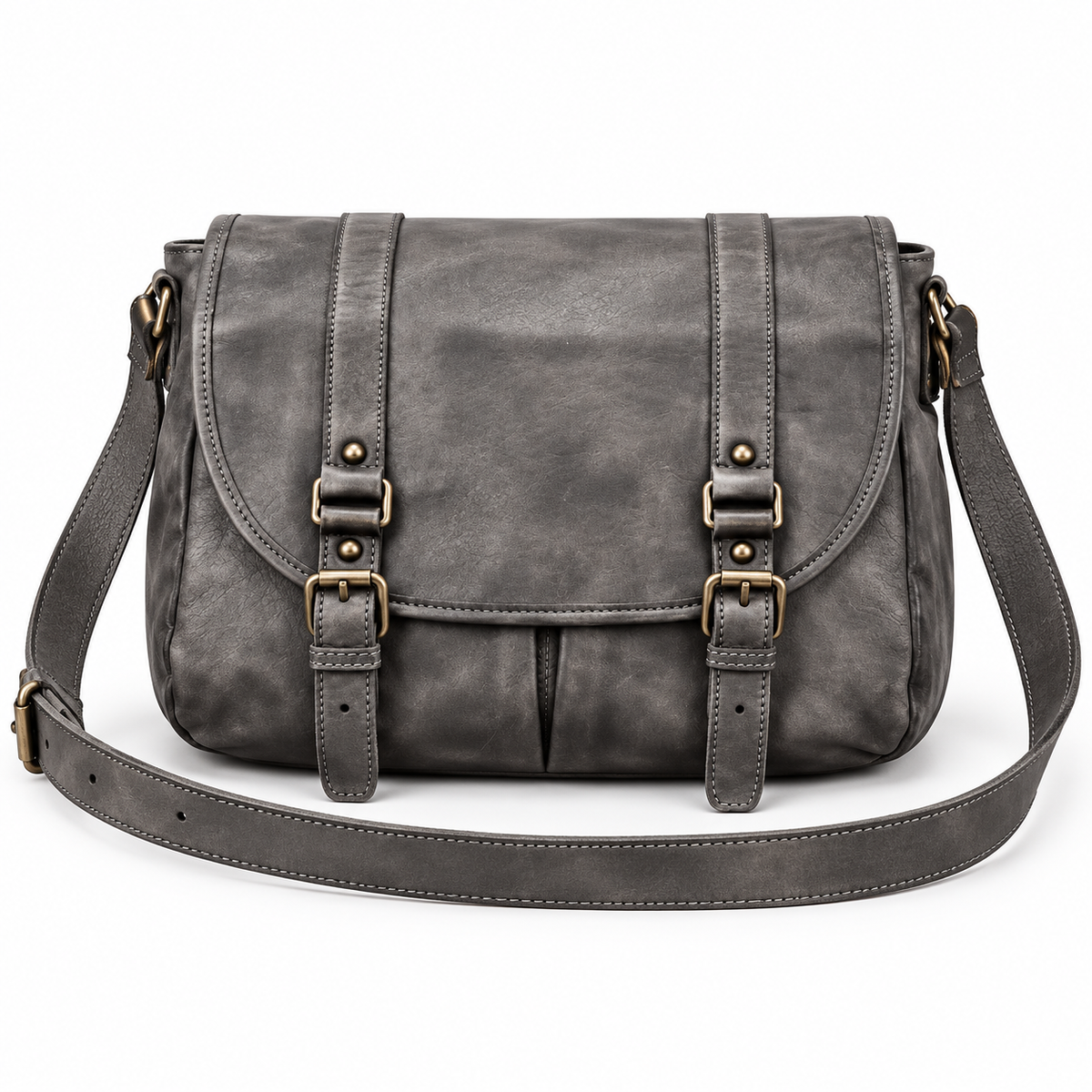 Vintage Grey Leather Buckle Satchel Bag-4