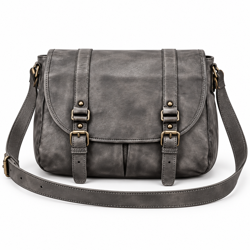 Vintage Grey Leather Buckle Satchel Bag-4
