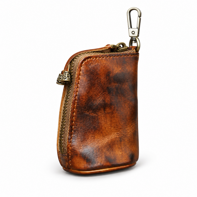 Vintage Distressed Leather Zipper Key Pouch-1