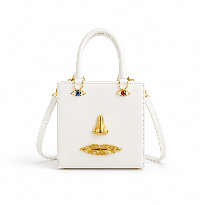 Artistic Face Detail Structured White Handbag-2