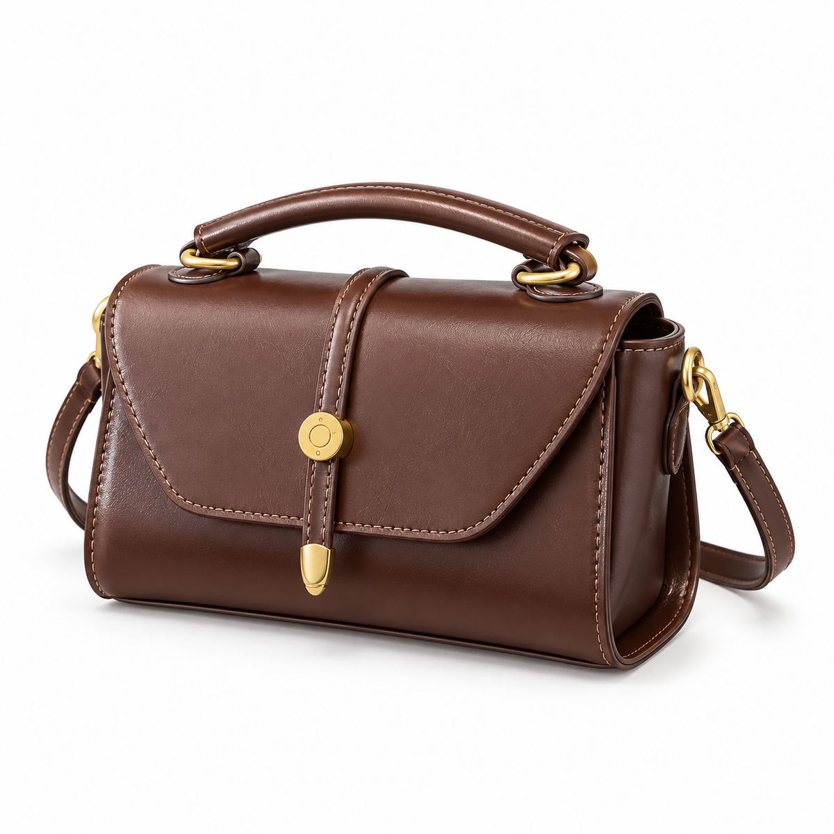 Classic Brown Satchel With Gold Hardware-3