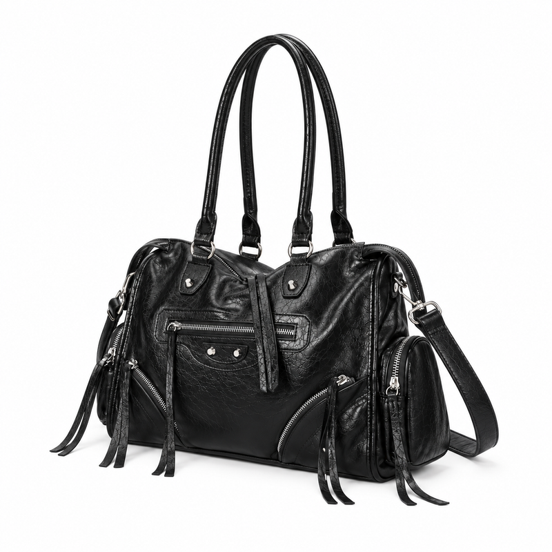 Vintage Black Leather Multi-Pocket Shoulder Handbag-2