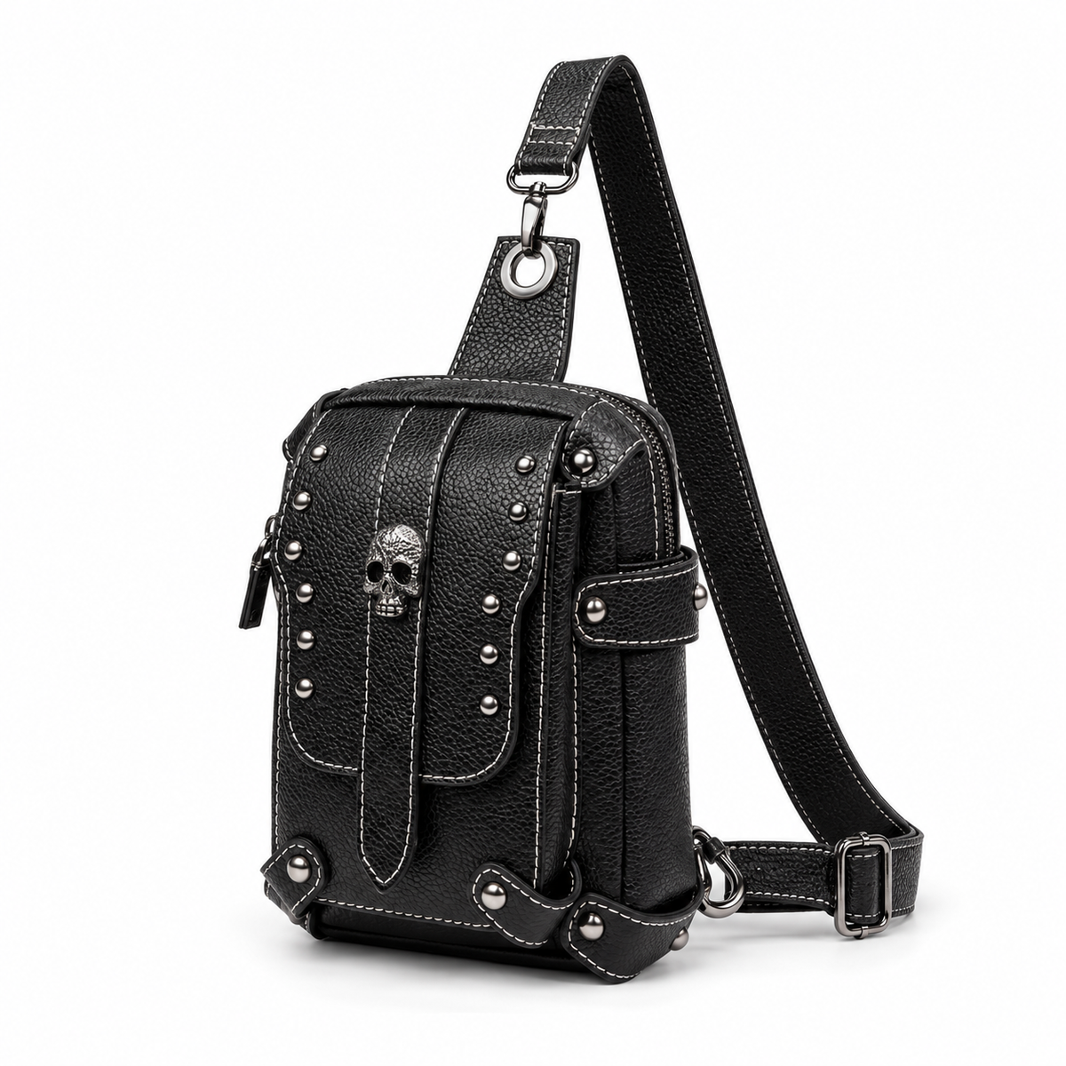 Black Gothic Skull Studded Sling Bag-3