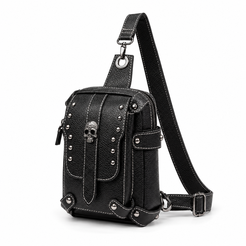 Black Gothic Skull Studded Sling Bag-3