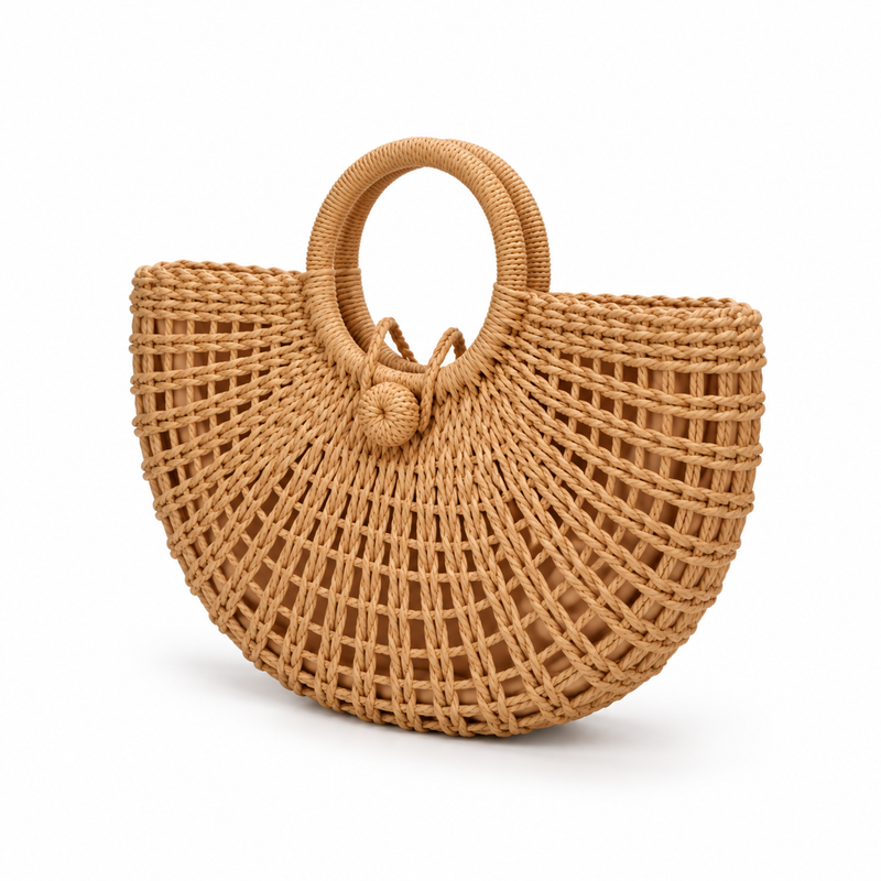 Handwoven Raffia Half Moon Summer Tote-3